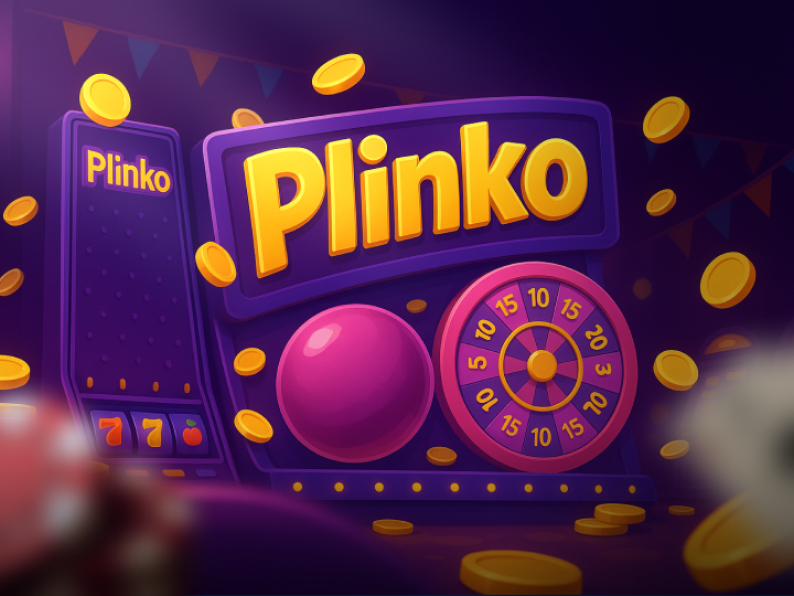 Tablero oficial de Plinko con clavijas, bola en caída y zonas de multiplicadores iluminadas en neon