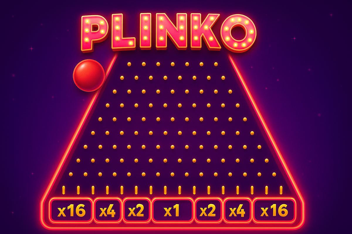 Interfaz del juego Plinko online mostrando el tablero con clavijas, la bola en movimiento y los multiplicadores de oro en la base