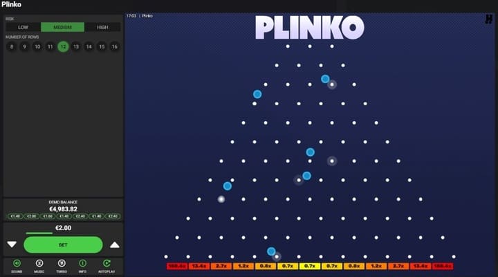 Pantalla del modo demo gratuito de Plinko con créditos virtuales y acceso completo a todas las funciones del juego