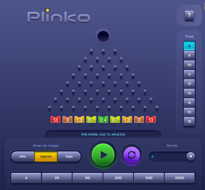 Vista completa del tablero de Plinko casino online con iluminación neon azul y morada, clavijas brillantes y multiplicadores dorados